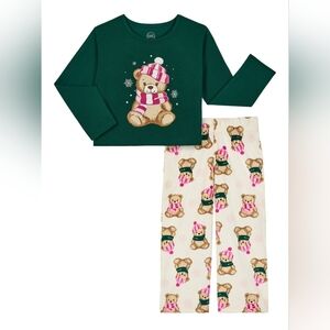 Cozy Bear Print Kids Pajamas - Green and Cream